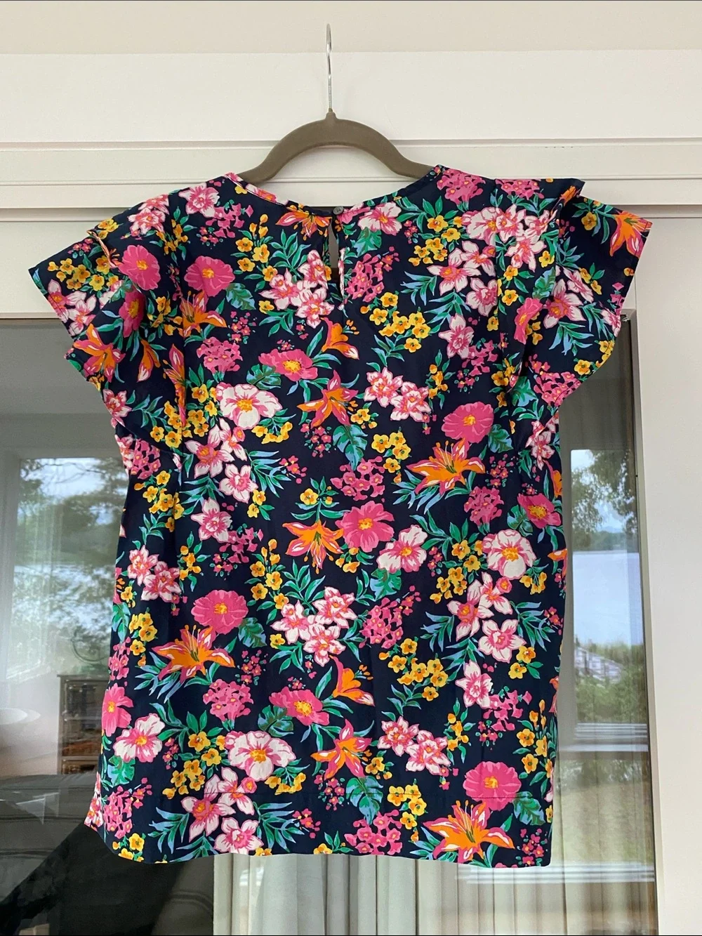 J. Crew Navy Floral Flutter Sleeve Blouse